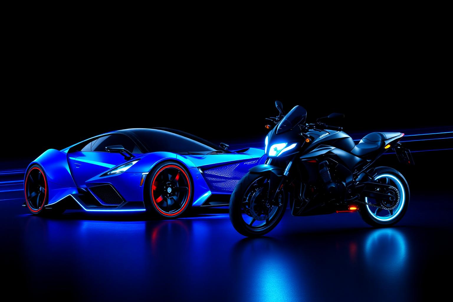 Carro esportivo e moto premium com iluminação neon azul
